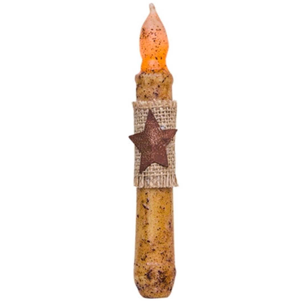 6" Burnt Ivory Burlap Rustic Star Timer Taper Candle