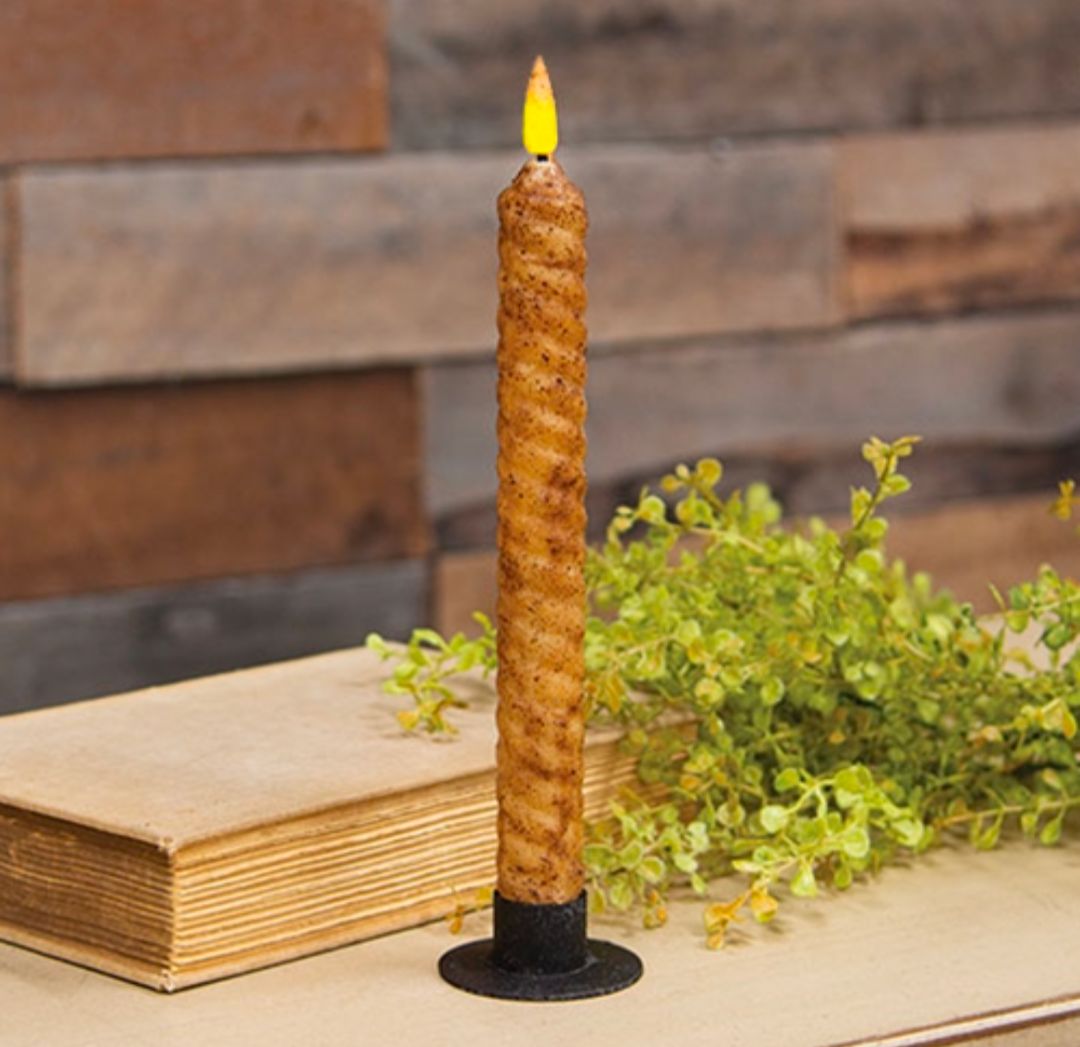 9" Burnt Ivory Vintage Twist Flicker Flame Timer Taper Candle