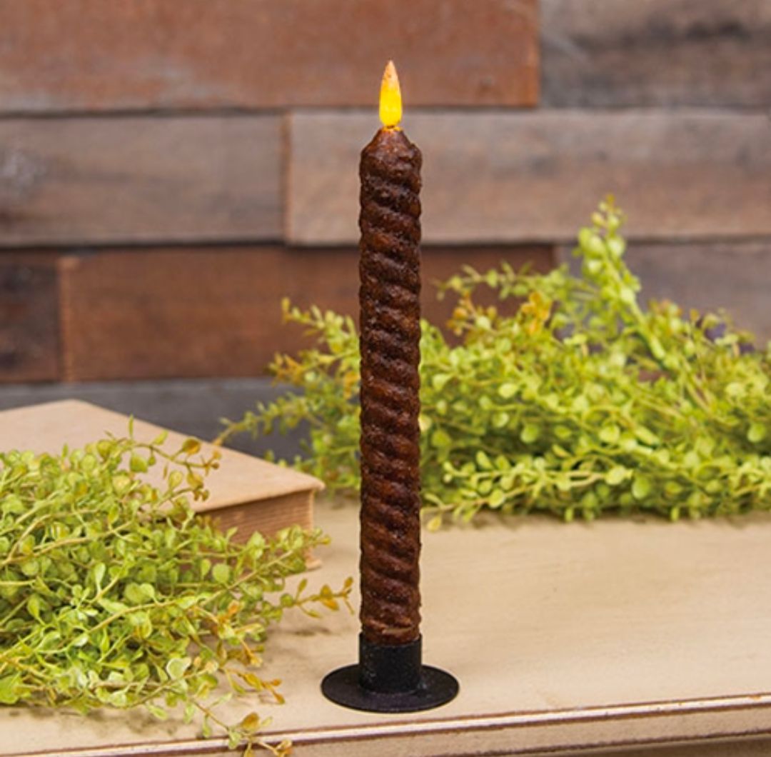 9" Burnt Mustard Vintage Twist Flicker Flame Timer Taper Candle