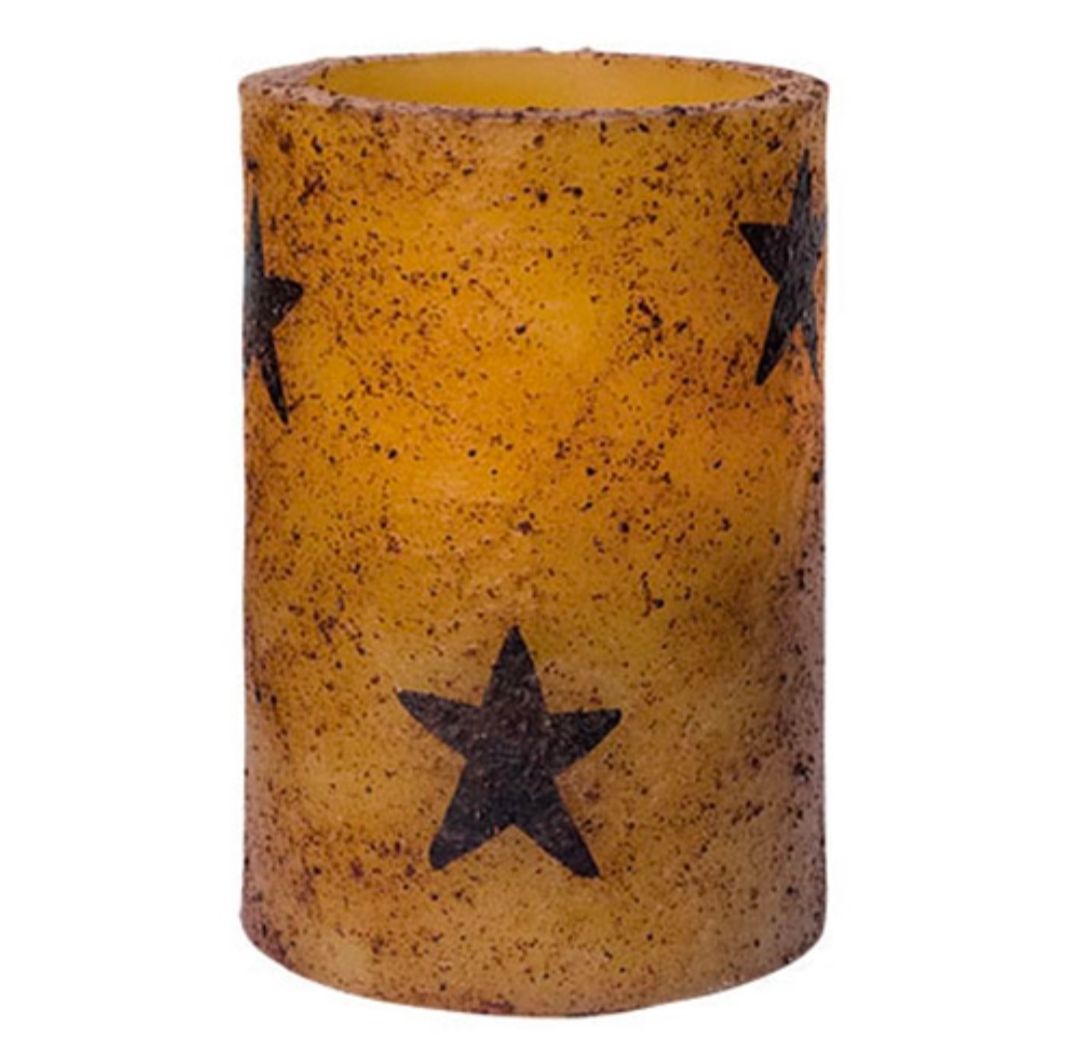 4-1/2" Burnt Mustard Stars Timer Pillar Candle