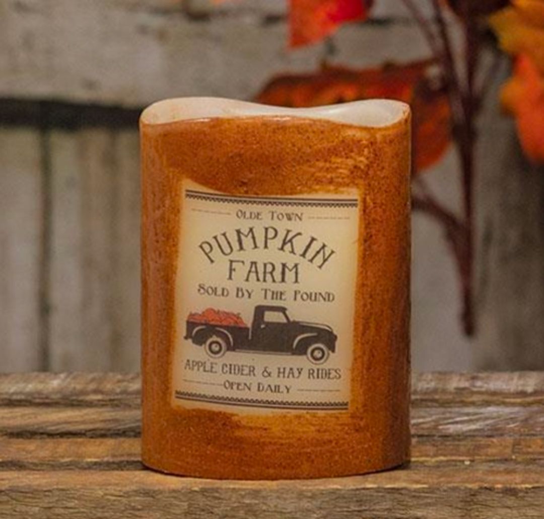 4" Pumpkin Farm LED Timer Pillar Candle