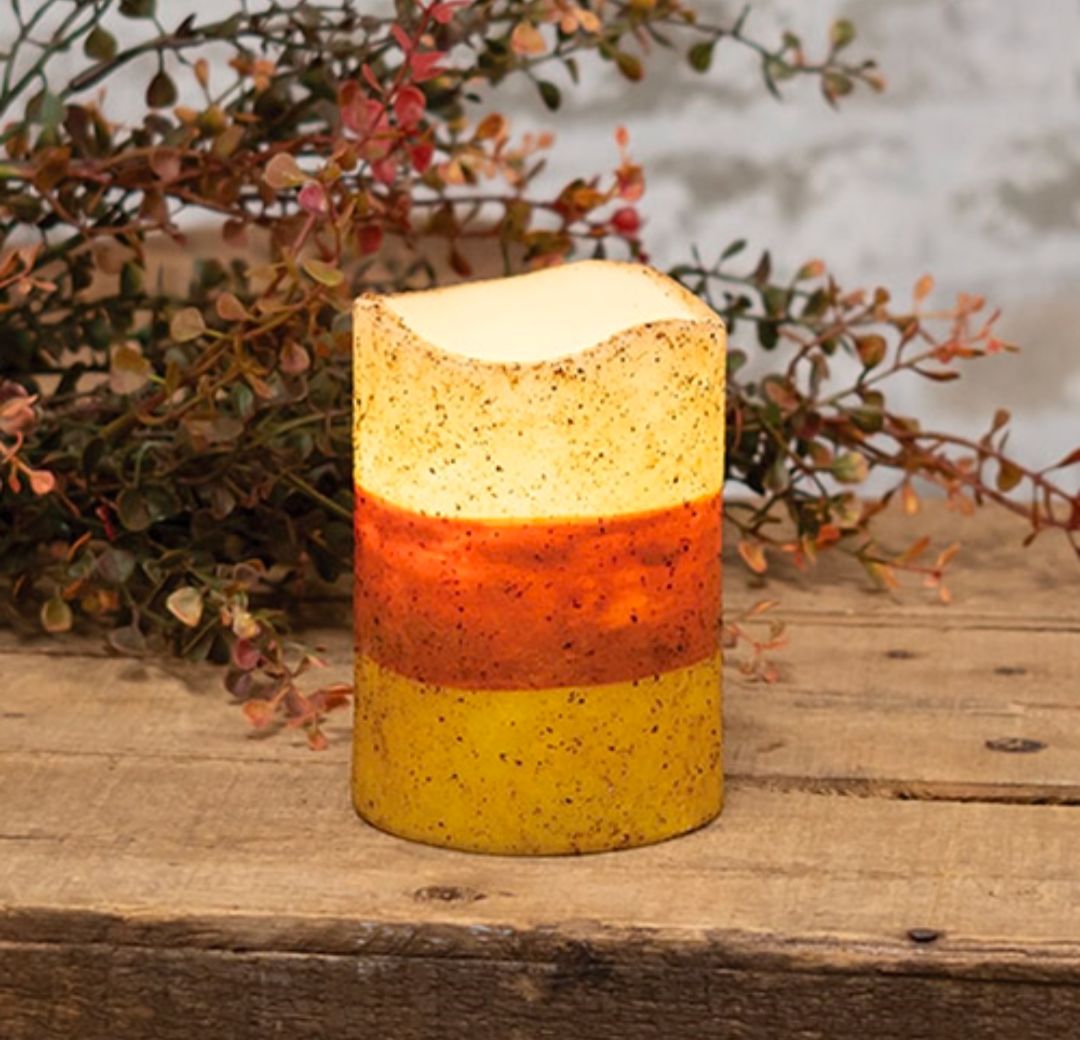 4" Grungy Candy Corn Timer Pillar Candle