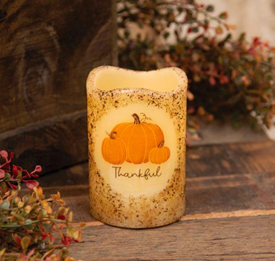 4" Burnt Ivory Thankful Pumpkins Timer Pillar Candle