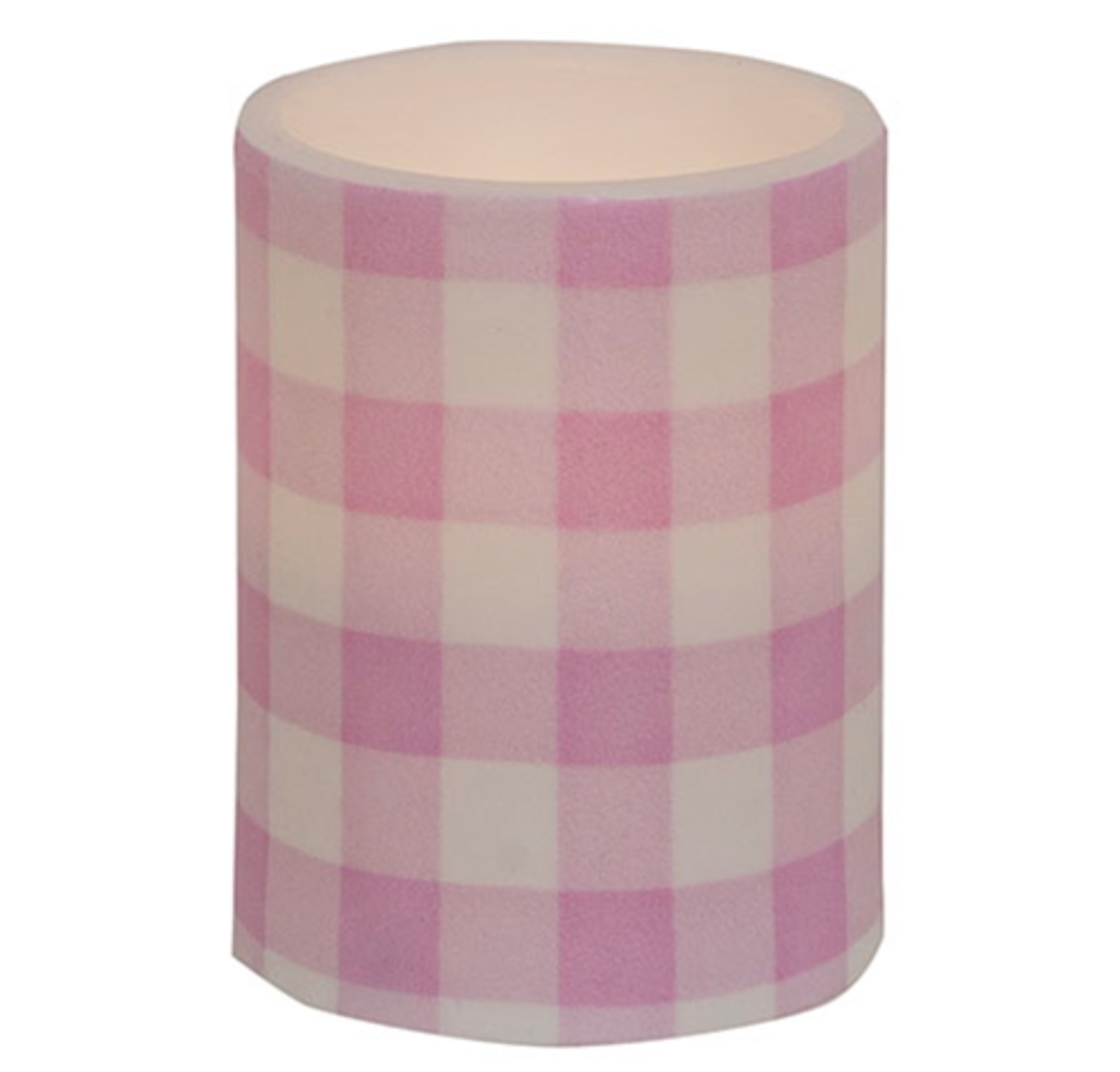 4" Pink &amp; White Gingham Check Timer Pillar Candle