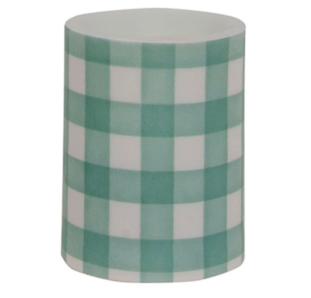 4" Green &amp; White Gingham Check Timer Pillar Candle