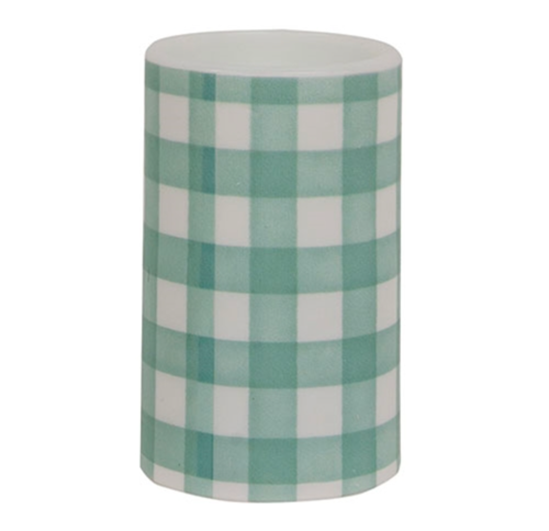 5" Green &amp; White Gingham Check Timer Pillar Candle