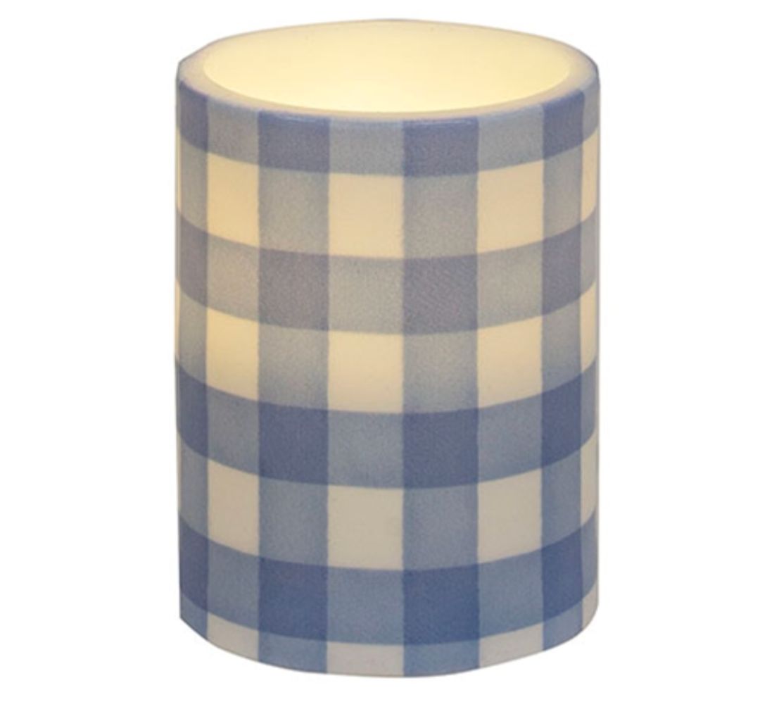4" Blue &amp; White Gingham Check Timer Pillar Candle
