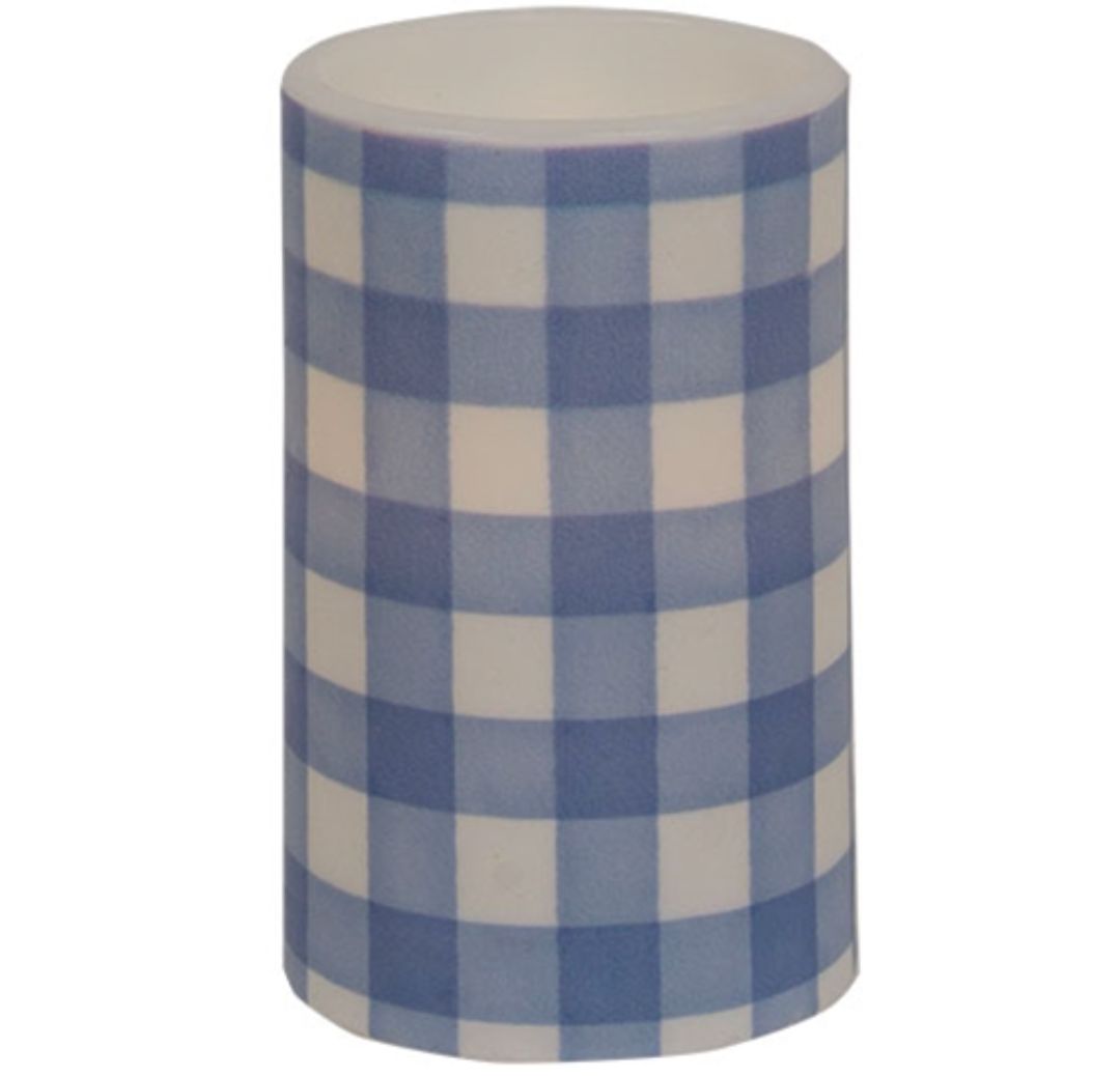 5" Blue &amp; White Gingham Check Timer Pillar Candle