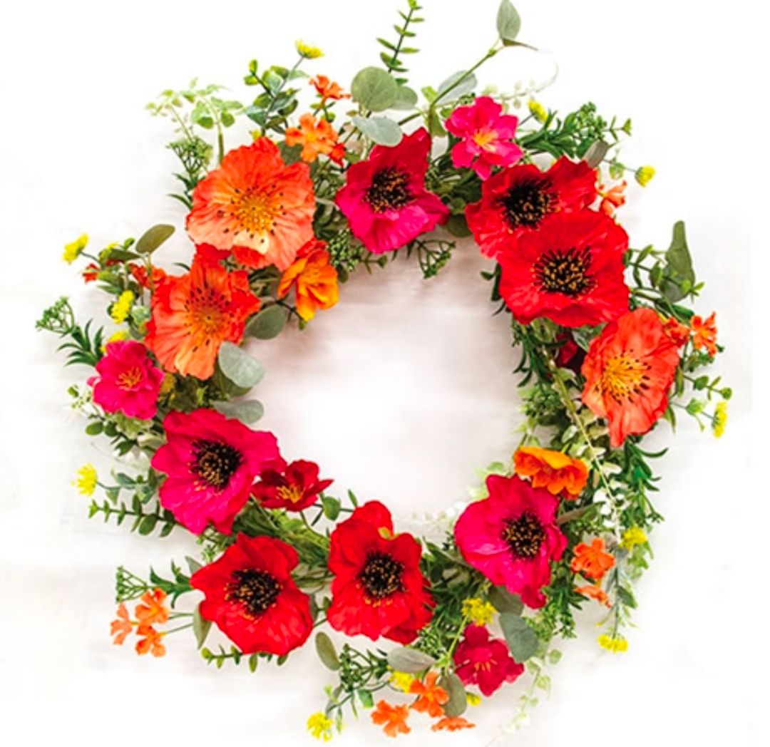 24" Sunset Poppy &amp; Blooms Wreath