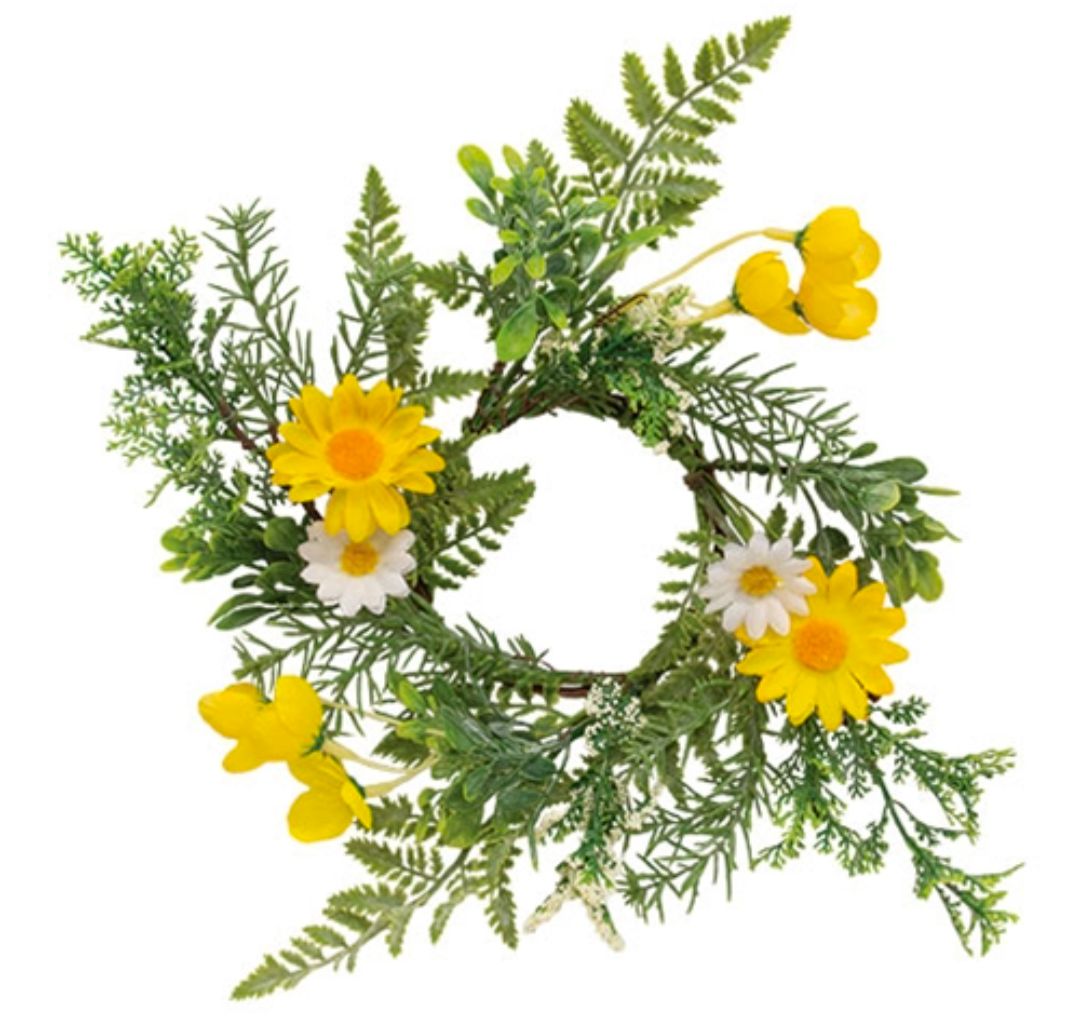 3-1/2" Yellow &amp; White Daisy w/Ferns Candle Ring