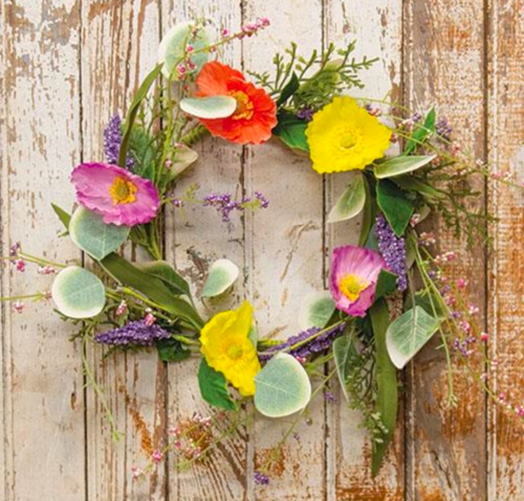 6-1/2" Mixed Poppy &amp; Silver Dollar Candle Ring Wreath Decor