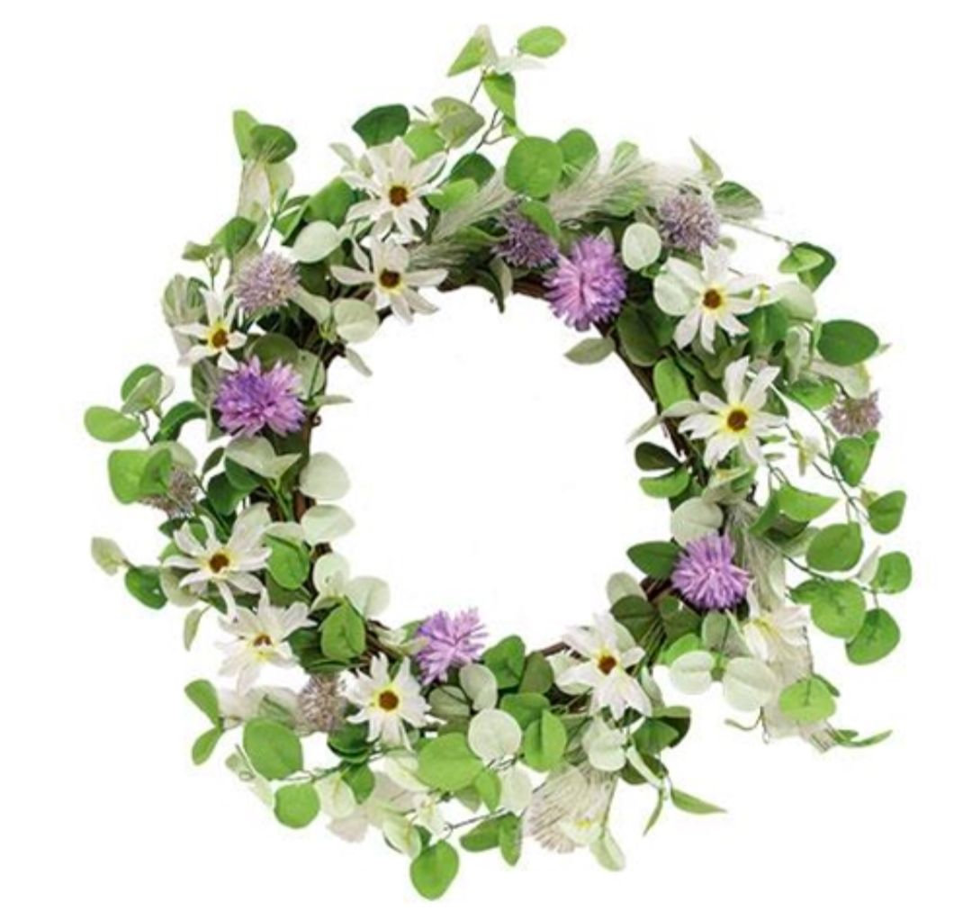 18" Spring Daisy Purple Flowers &amp; Eucalyptus Wreath