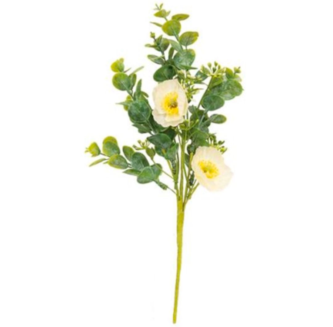 Cream Poppy &amp; Eucalyptus Floral Pick