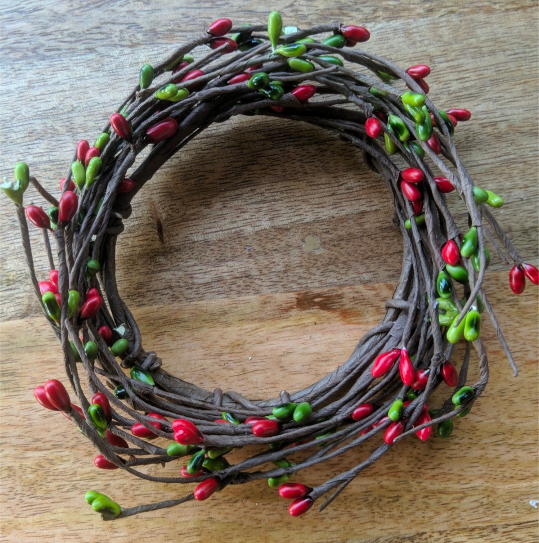 3-1/2" Red &amp; Green Holiday Combo Pipberry Floral Candle Ring Wreath Decor Accent