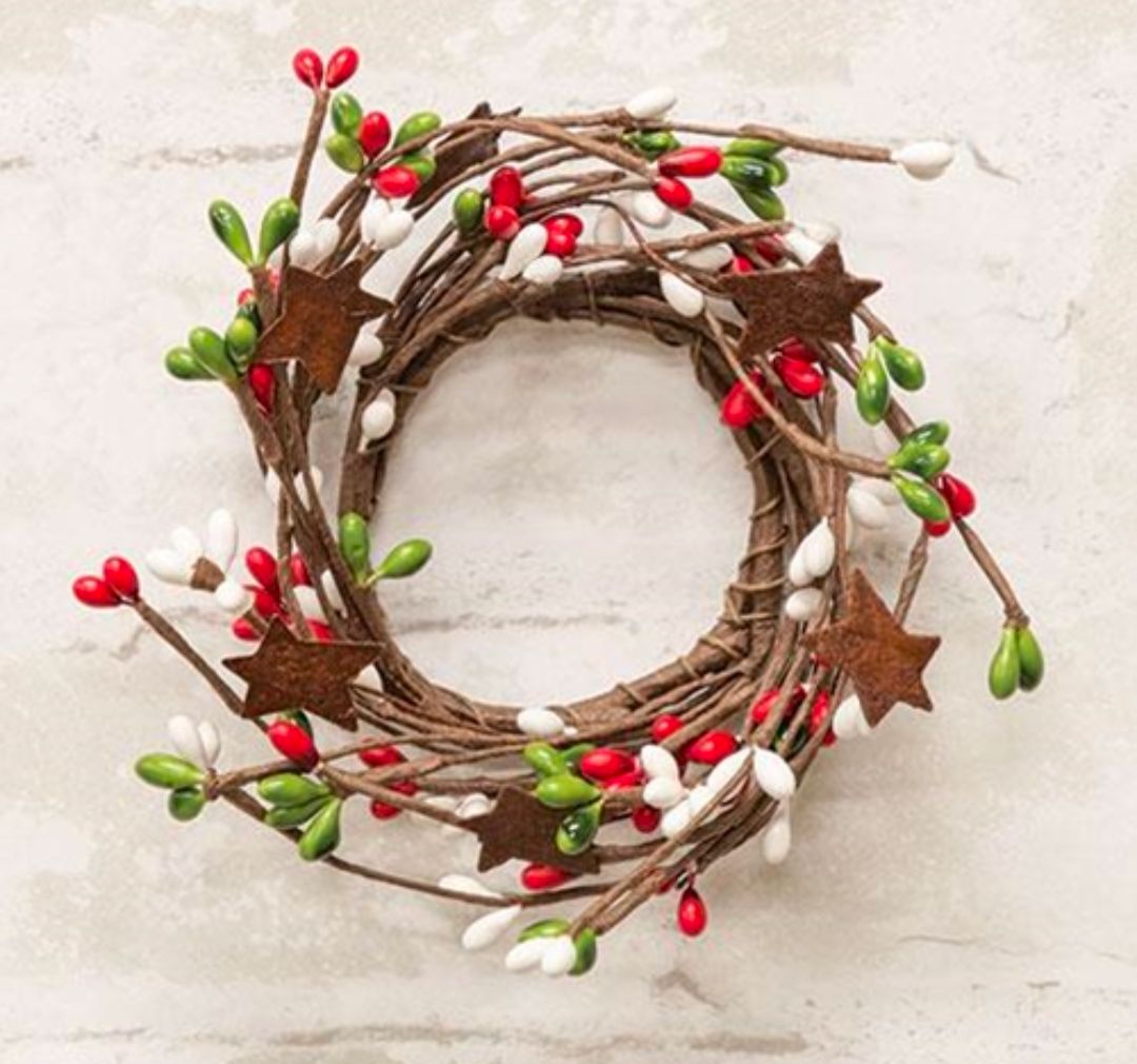 2" Holiday Combo Pip Berry Candle Ring Wreath with Stars