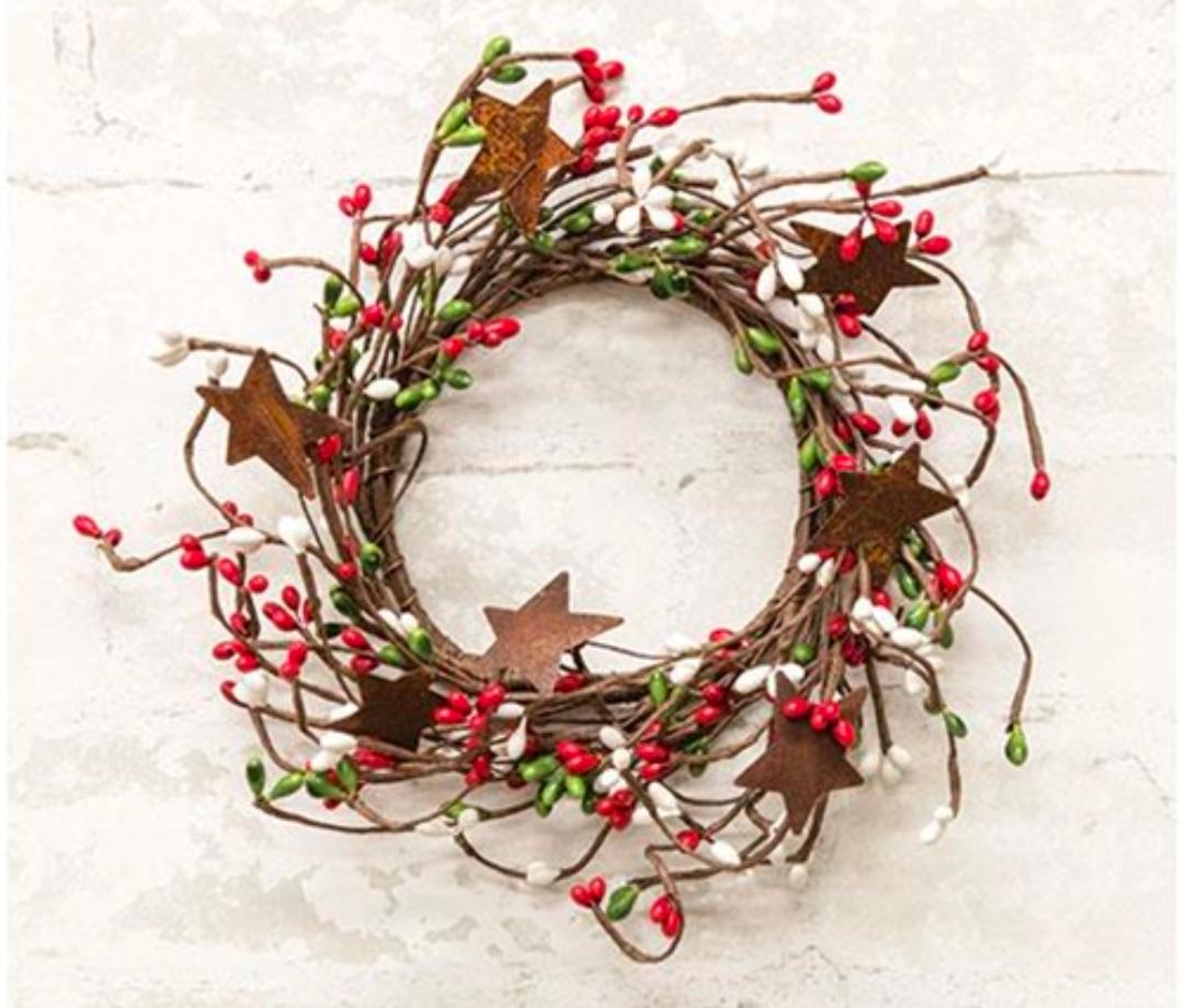 4" Holiday Combo Pip Berry Candle Ring Wreath with Stars
