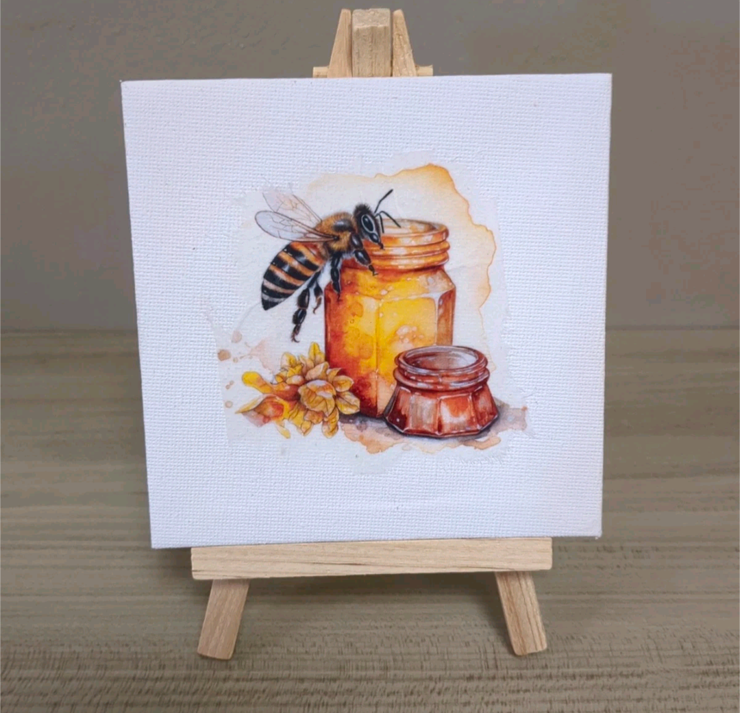 Handmade Spring Print 4x4 With Easel Stand Shelf Sitter - Bee