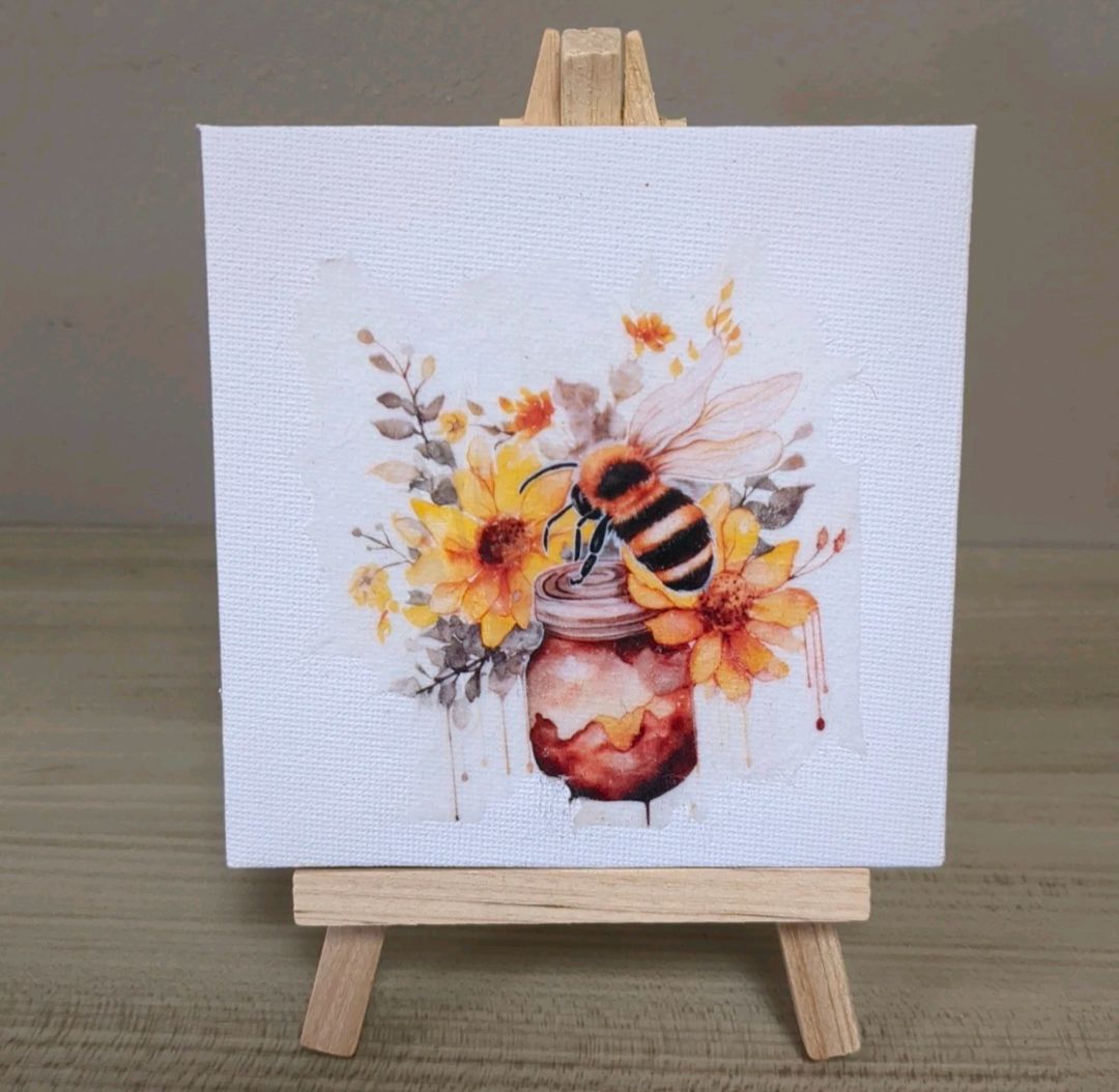 Handmade Spring Print 4x4 With Easel Stand Shelf Sitter - Bee