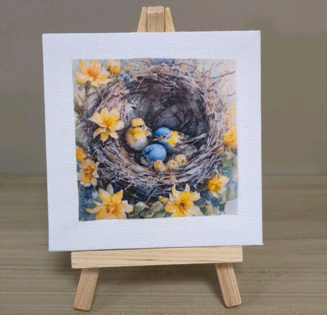 Handmade Spring Print 4x4 With Easel Stand Shelf Sitter - Bird Nest