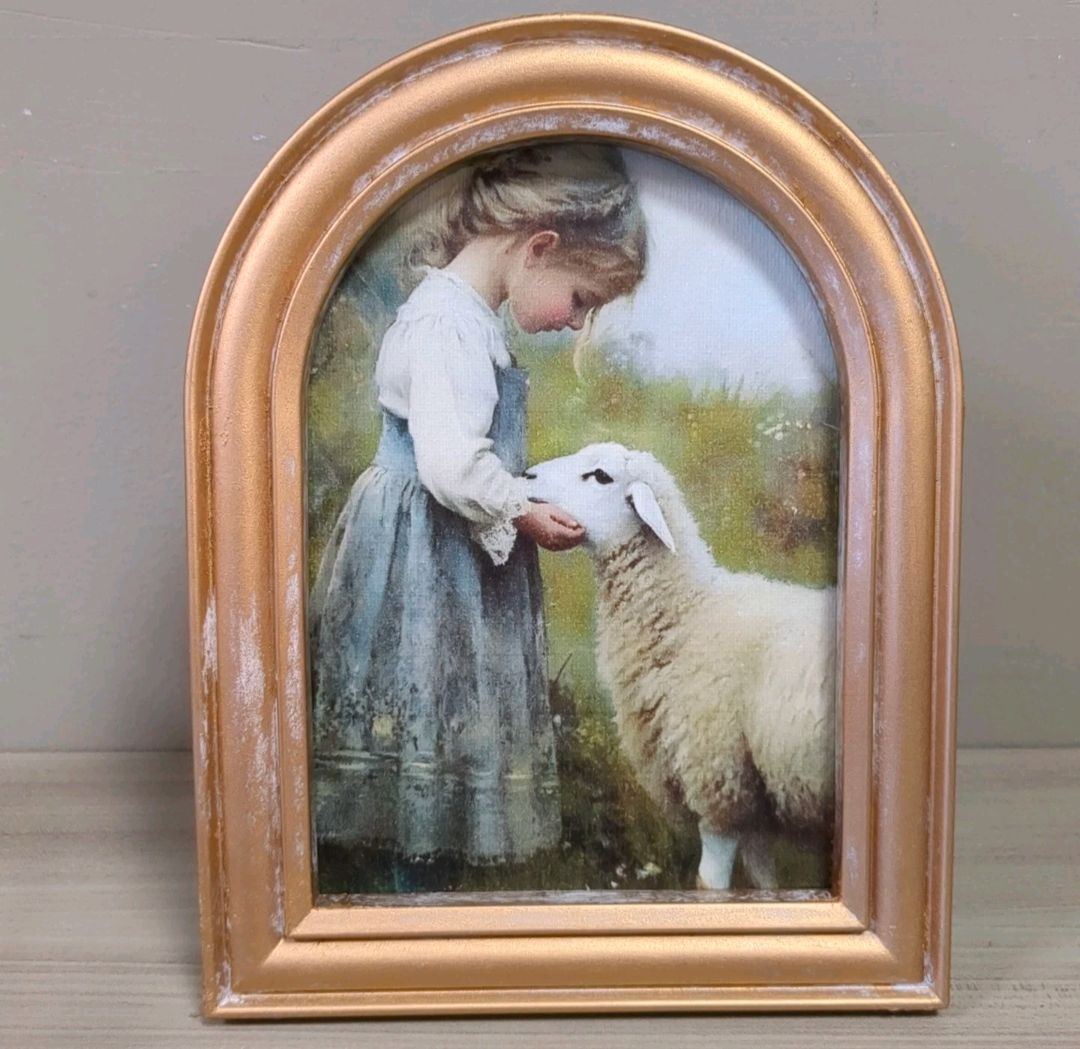 New Arched Spring Print Picture Art Shelf Sitter Decor - Girl With Lamb