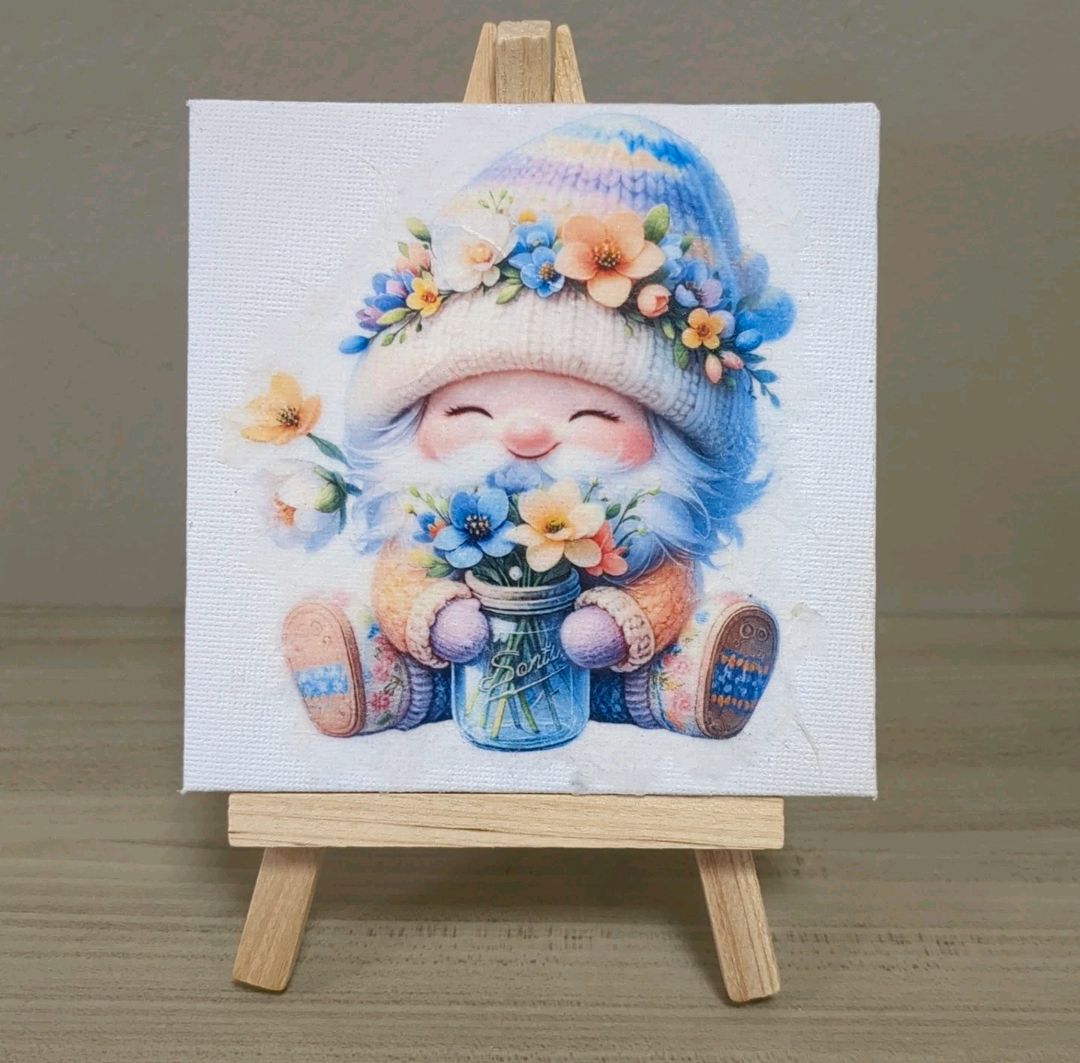 Handmade Spring Print 4x4 With Easel Stand Shelf Sitter - Spring Gnome