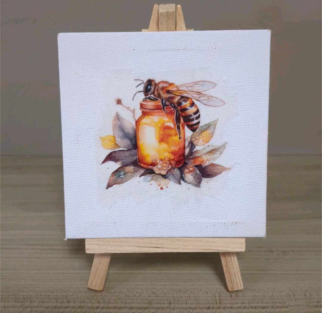 Handmade Spring Print 4x4 With Easel Stand Shelf Sitter - Bee