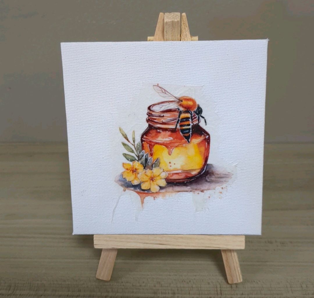 Handmade Spring Print 4x4 With Easel Stand Shelf Sitter - Bee