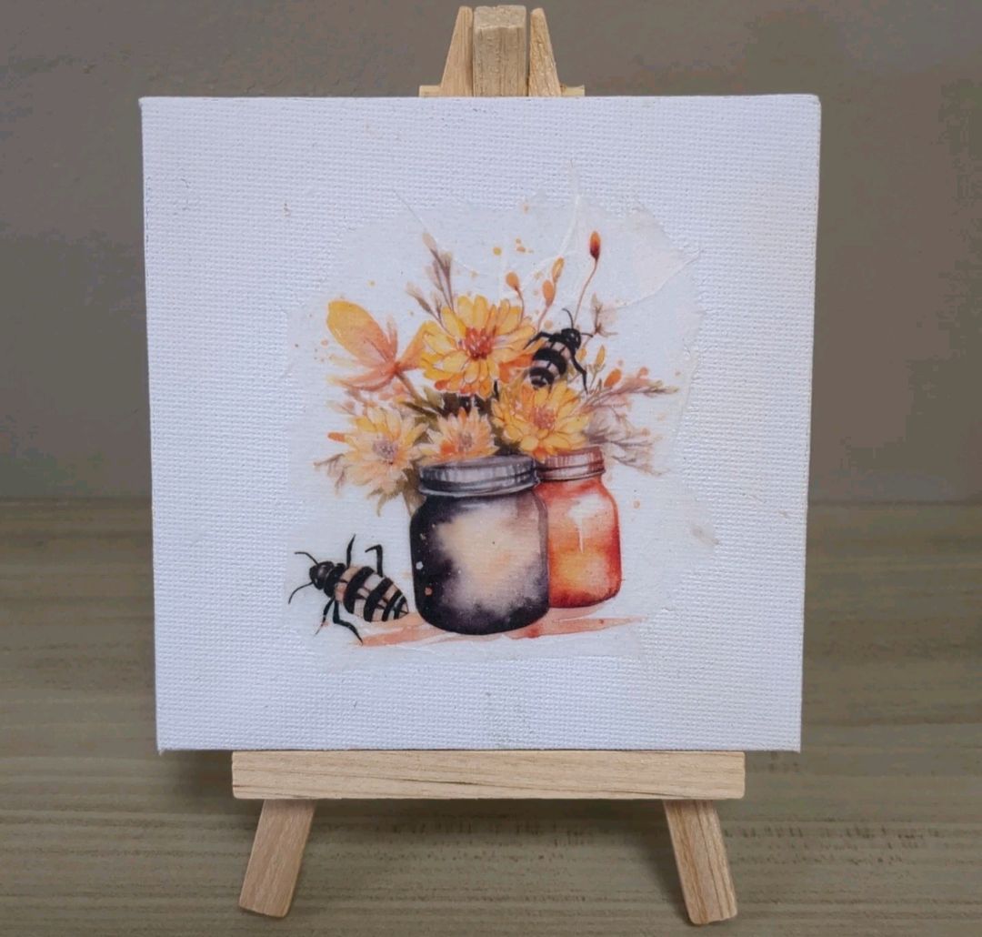 Handmade Spring Print 4x4 With Easel Stand Shelf Sitter - Bee