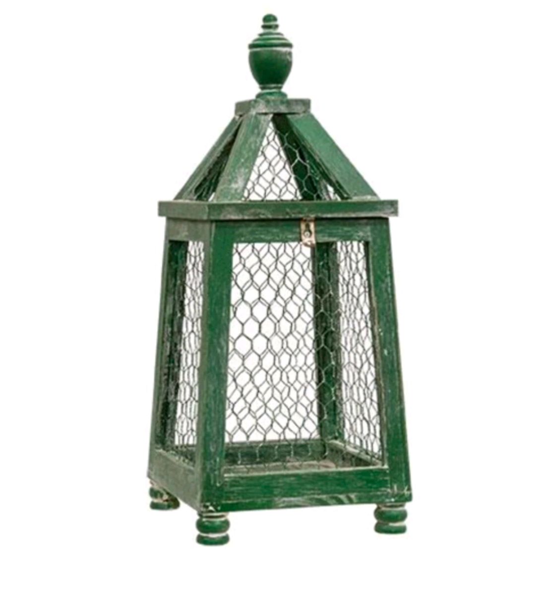 Distressed Green Chicken Wire Birdcage Lantern