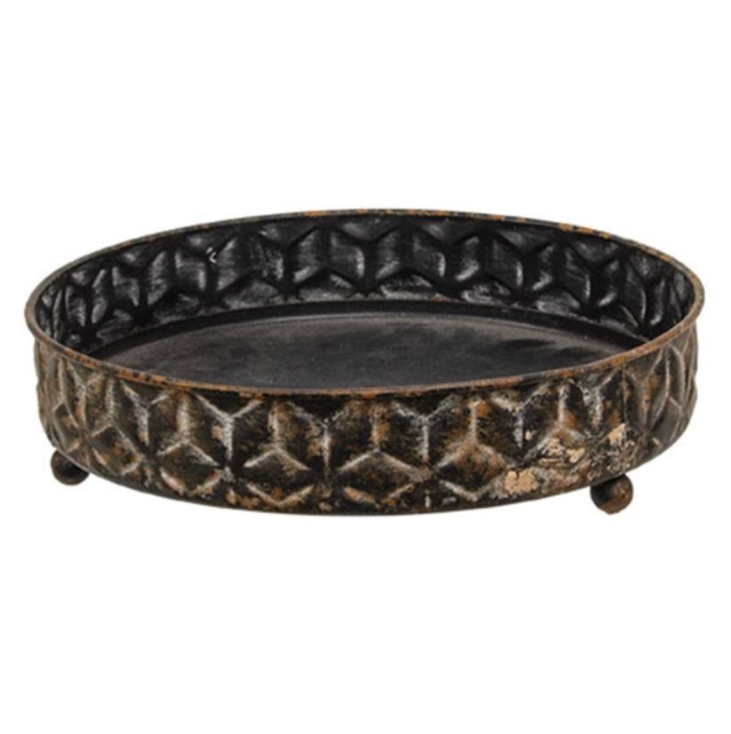 7-3/4" Distressed Embossed Metal Jar Candle Tray
