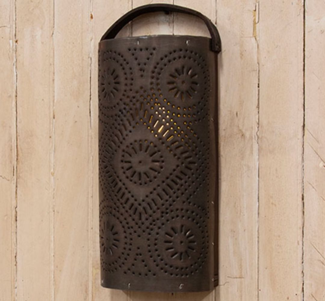 Primitive Country Wood &amp; Punched Tin Candle Lantern