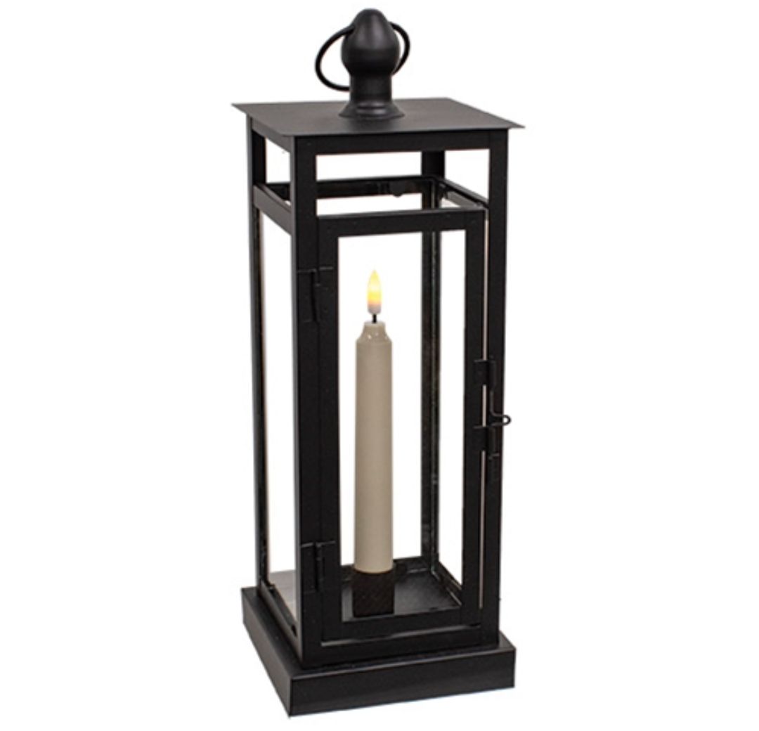 17" Black Metal &amp; Glass Lantern With LED Timer Taper