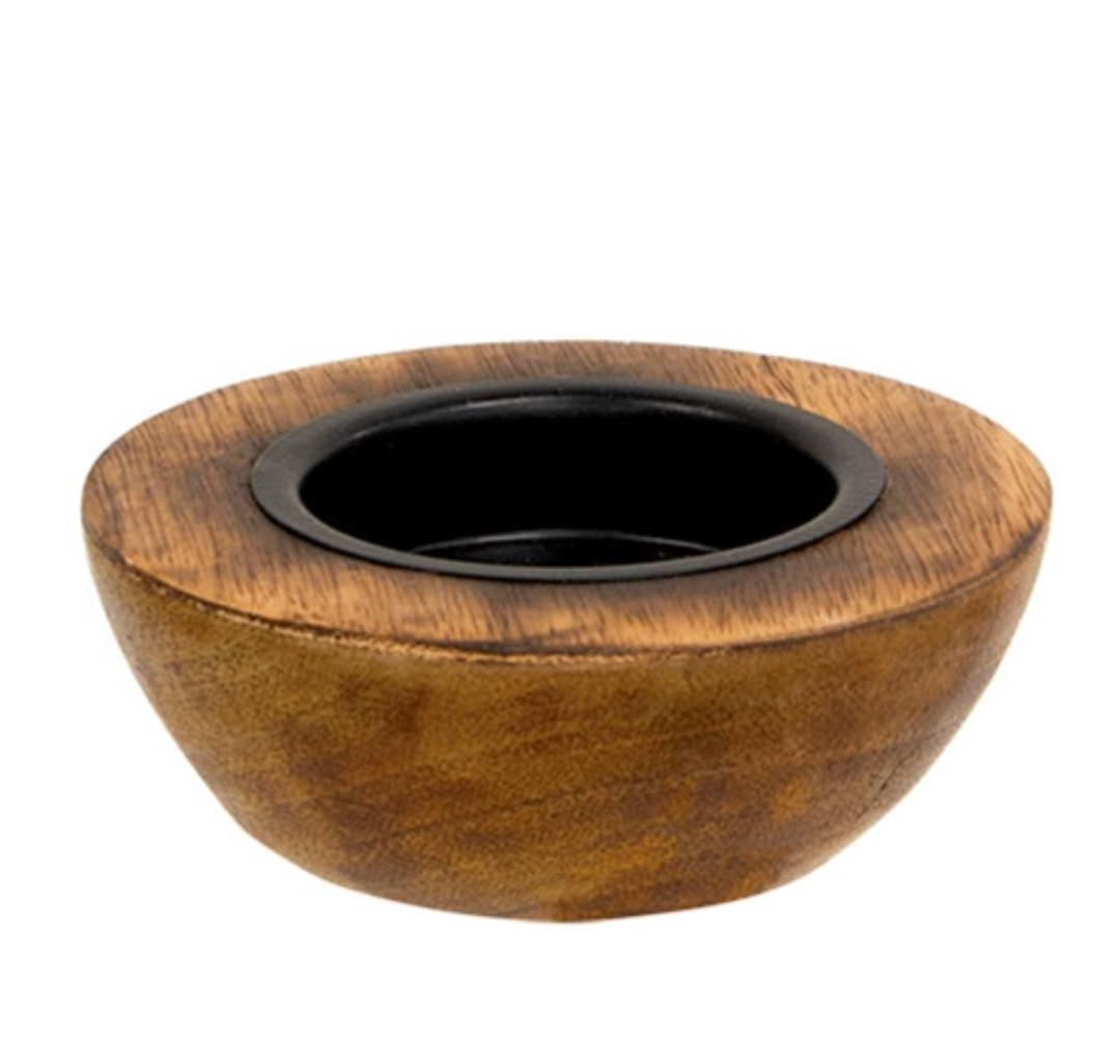 4" Dark Wood &amp; Metal Candle Holder
