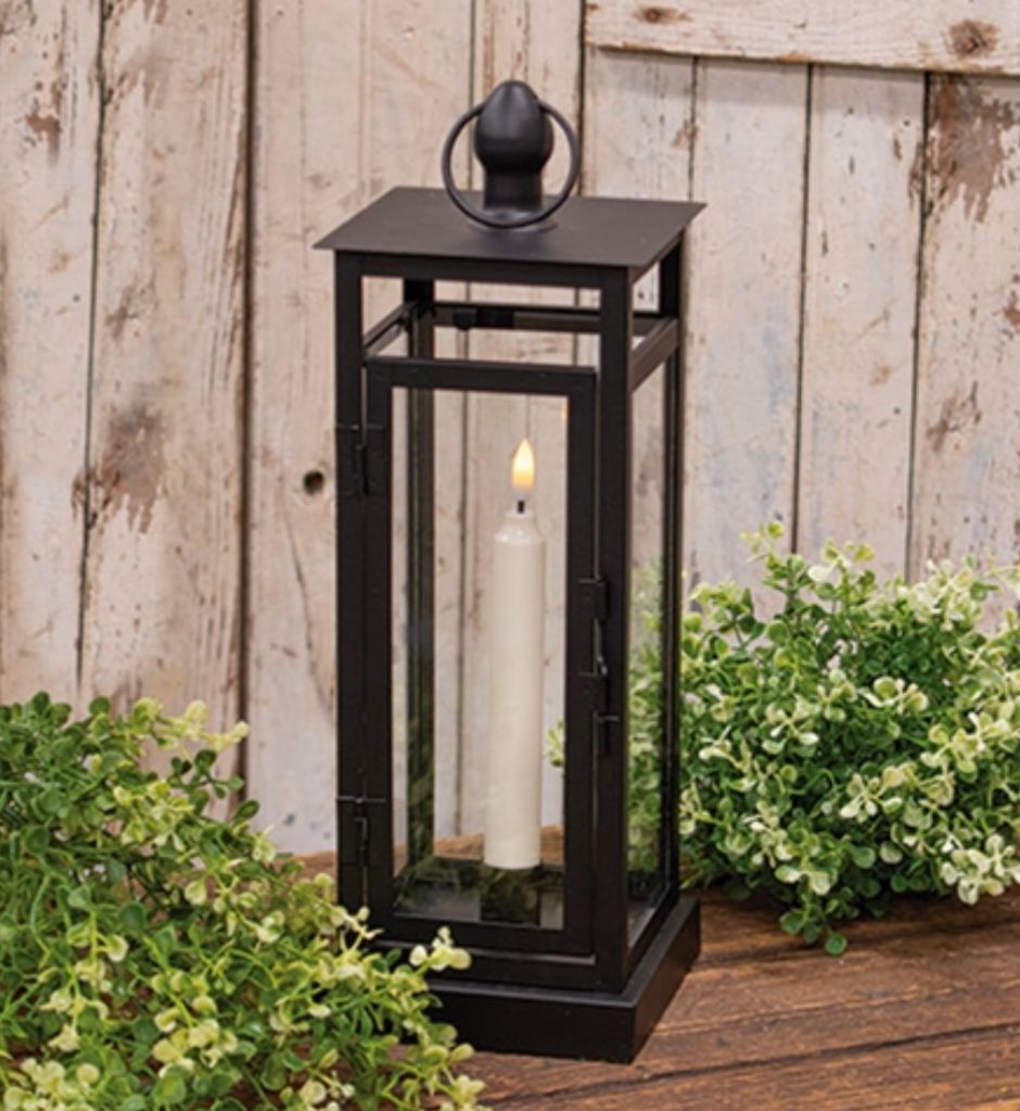 14" Black Metal &amp; Glass Lantern With LED Timer Taper