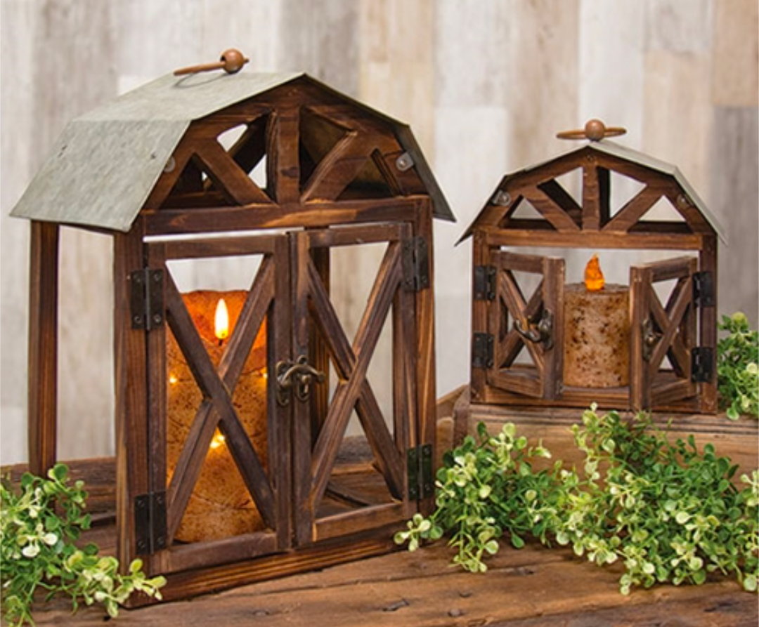 Wood and Metal Barn Shaped Lanterns Set/2