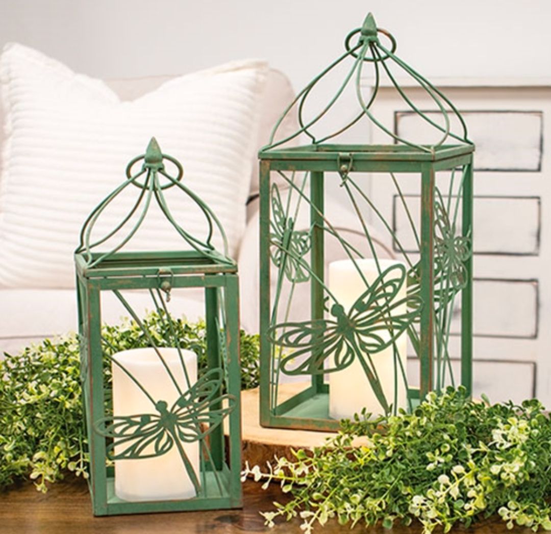 Distressed Green Metal Dragonfly Lanterns - Set/2