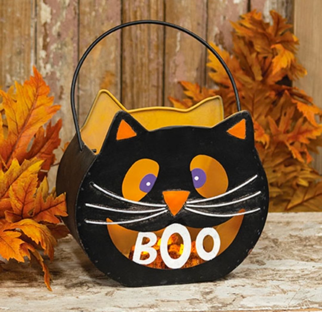 Distressed Metal Boo Cat Luminary Bucket
