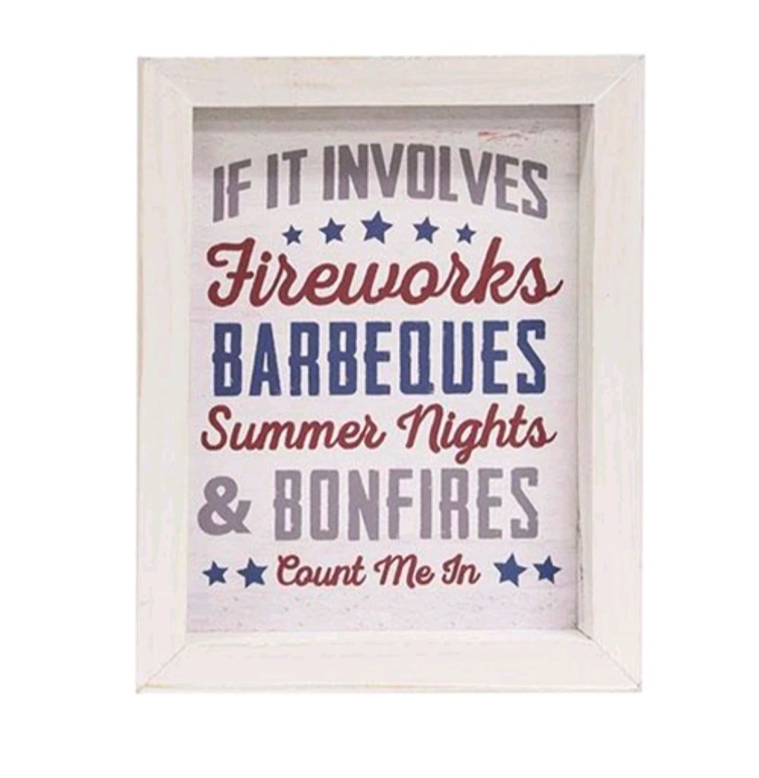 Patriotic Americana Fireworks BBQ Bonfire Shelf Sitter Sign Decor