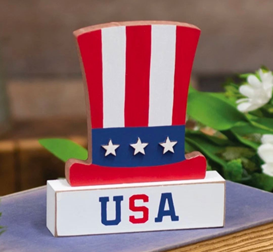 Wooden USA Americana Patriotic Uncle Sam Hat Sign Shelf Sitter