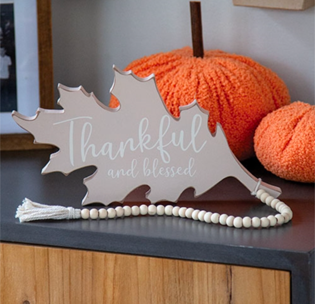 Thankful and Blessed Wooden Leaf Sitter w/Beads