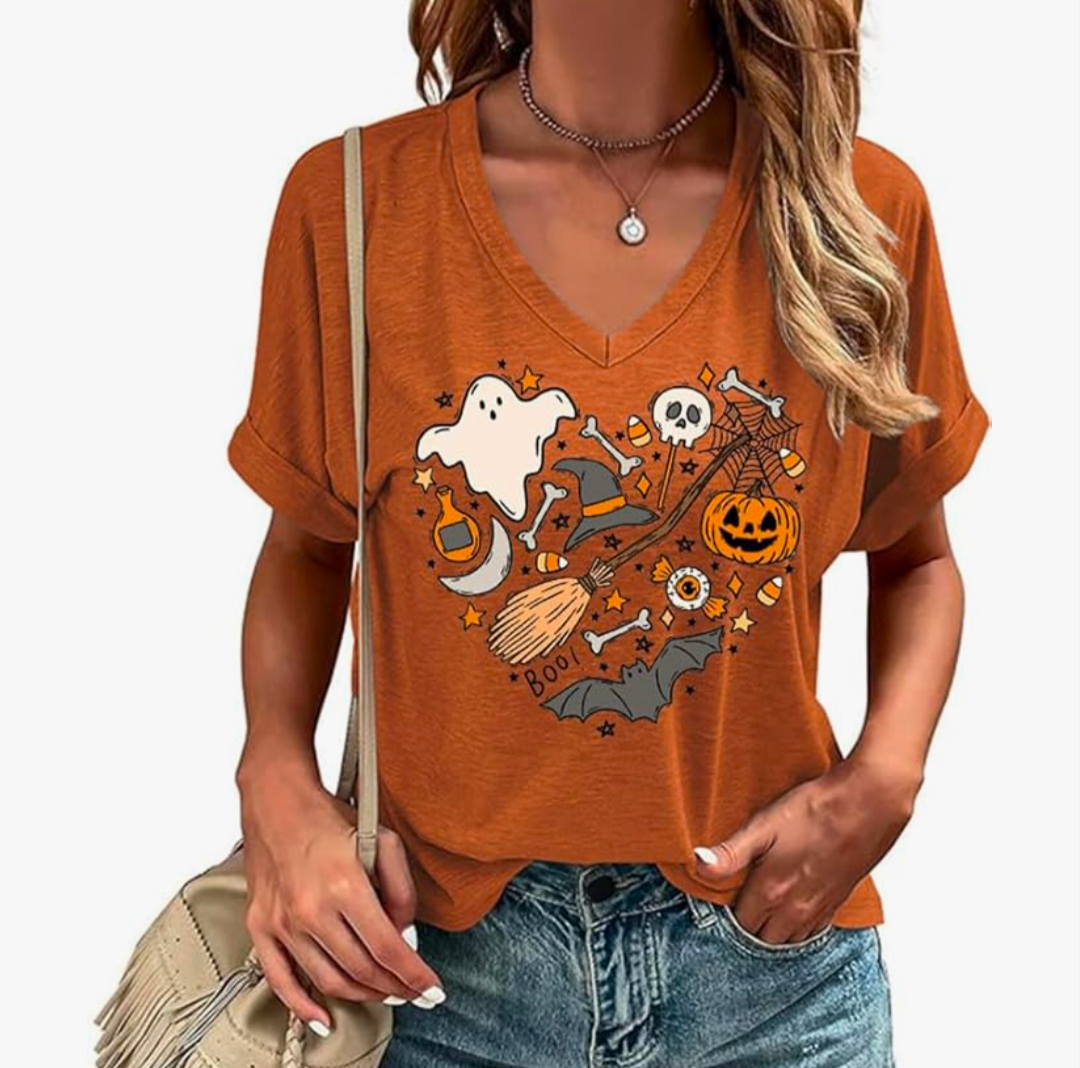 Women's V Neck Graphic Tee Halloween Heart