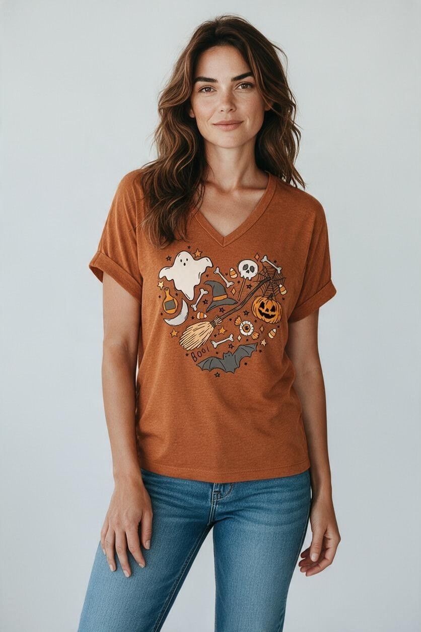 Women's V Neck Graphic Tee Halloween Heart
