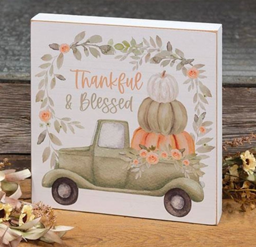 Thankful &amp; Blessed Watercolor Pumpkin Truck Box Sign
