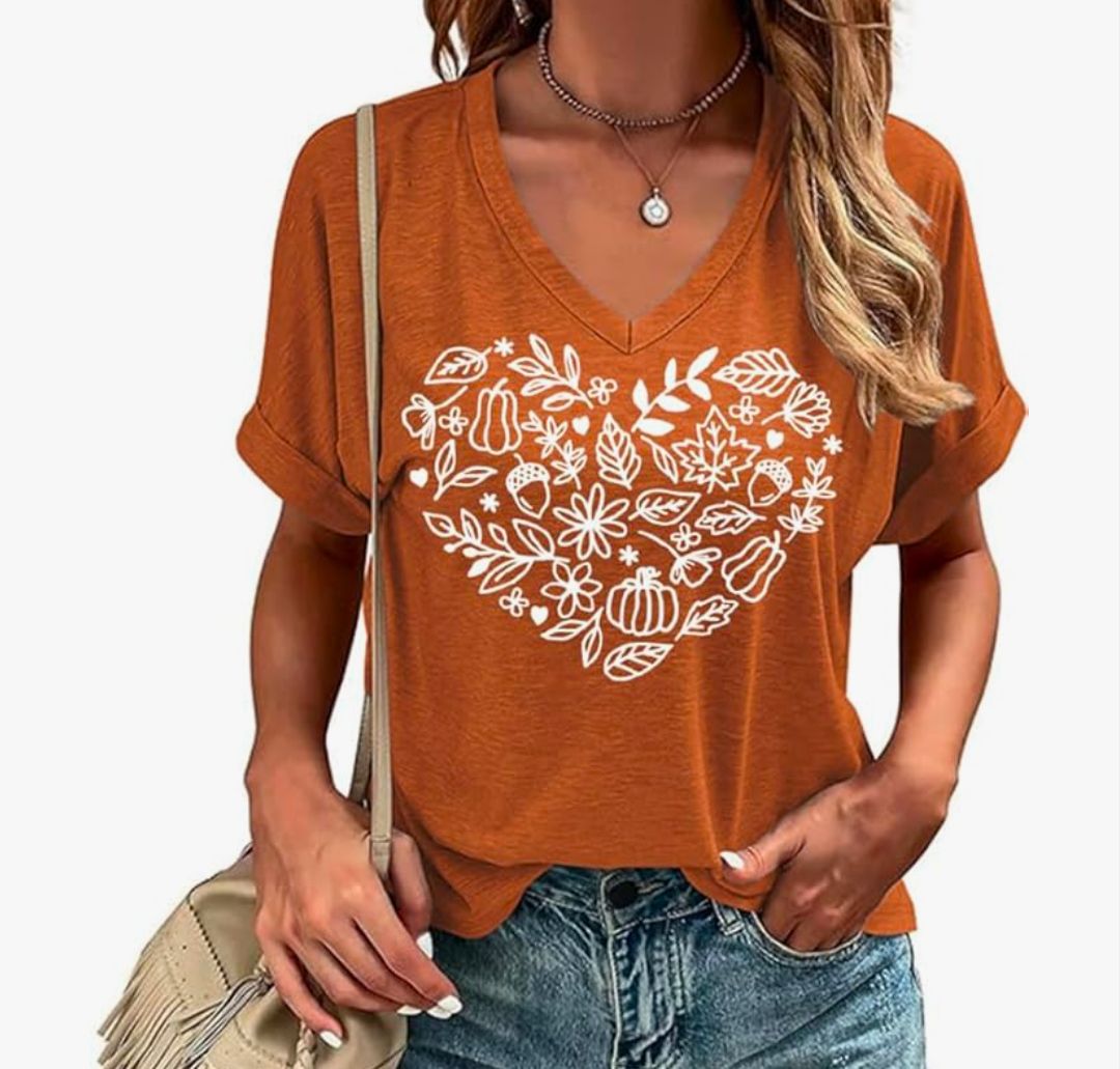Women's V Neck Graphic Tee Fall Heart