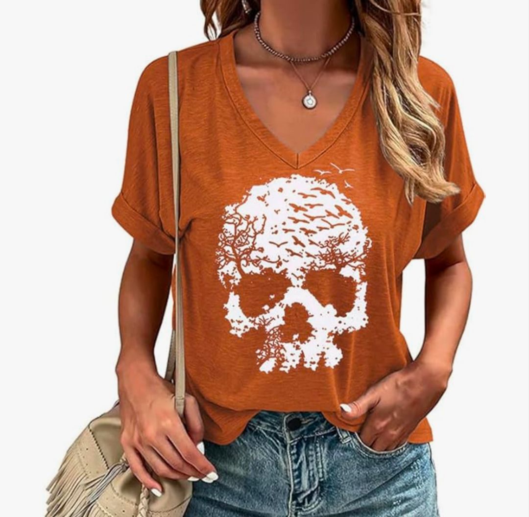Women's V Neck Graphic Tee Skeleton