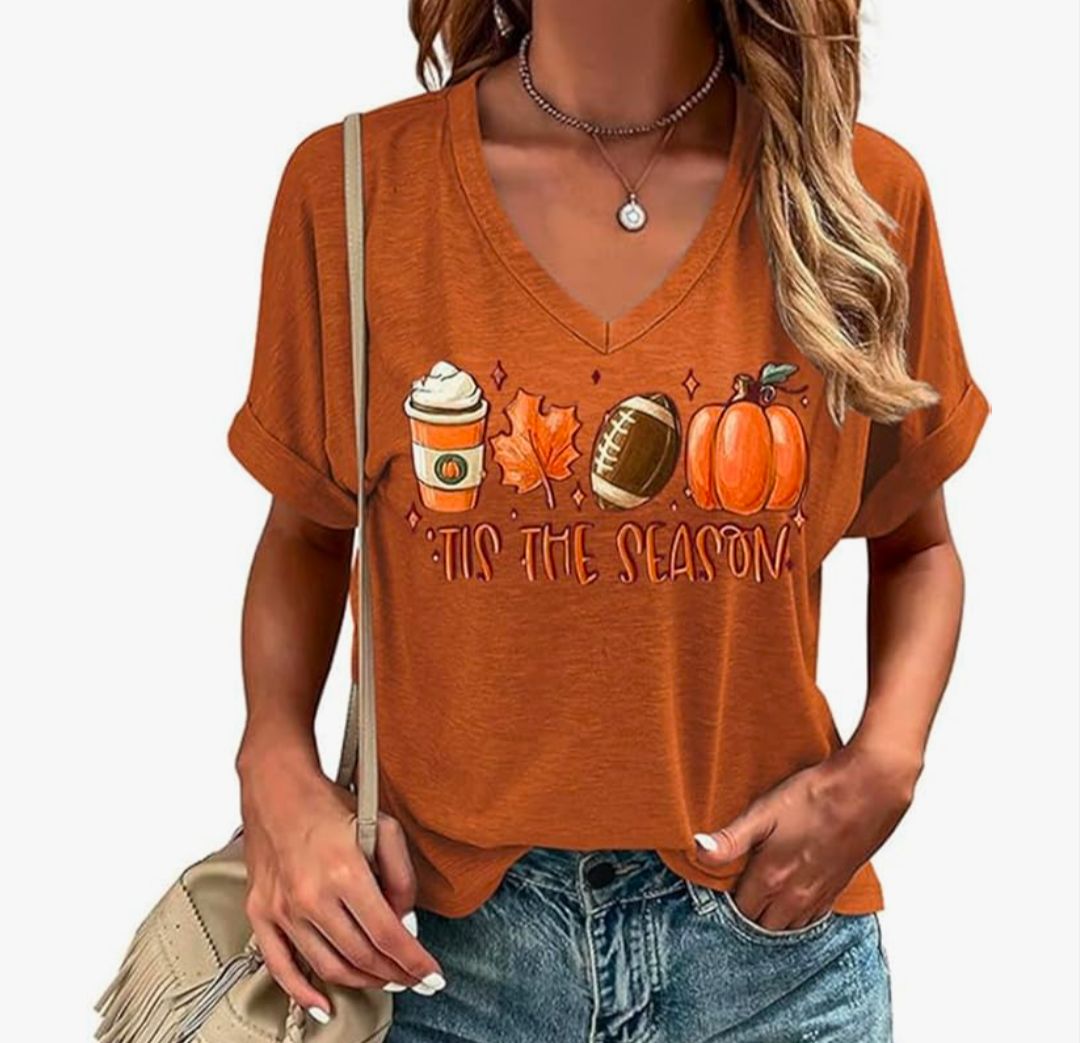 Women's V Neck Graphic Tee Tis the Season Fall