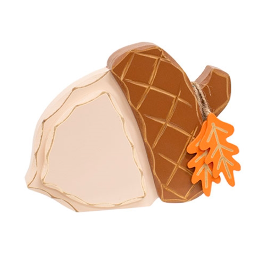 Distressed Chunky Wooden Acorn w/Leaves Sitter