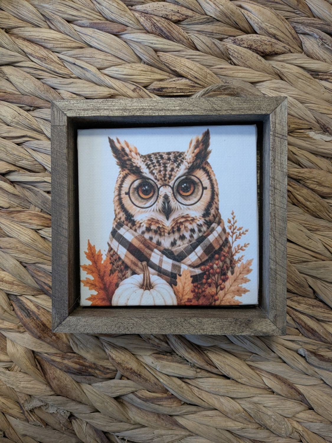 Framed 5"x5" Owl Fall Autumn Print Shelf Sitter Picture