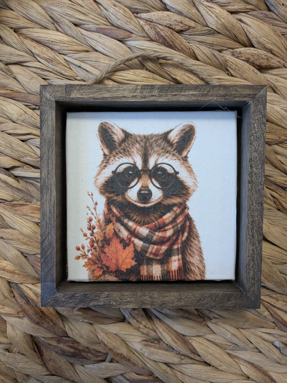Framed 5"x5" Racoon Halloween Fall Autumn Print Shelf Sitter Picture