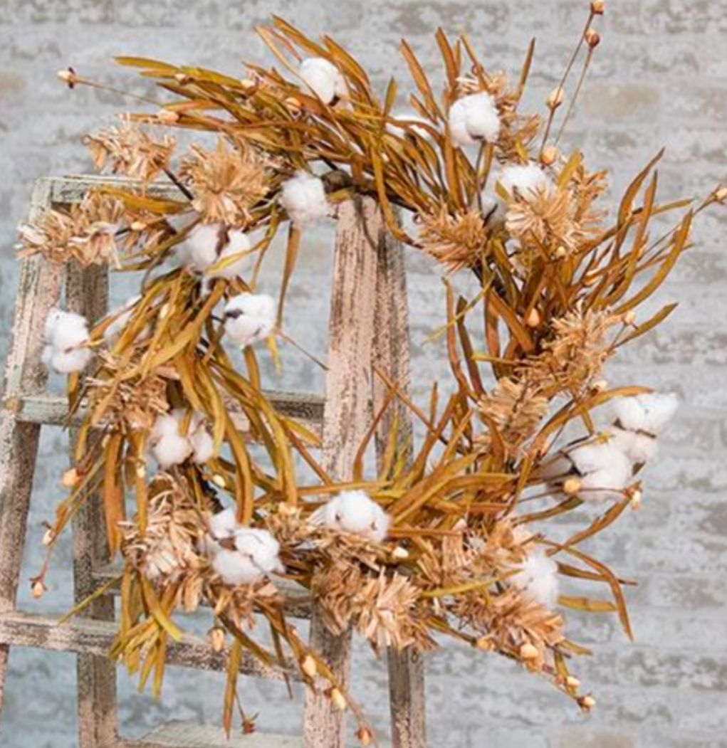 22" Cotton Wreath w/Fall Grass